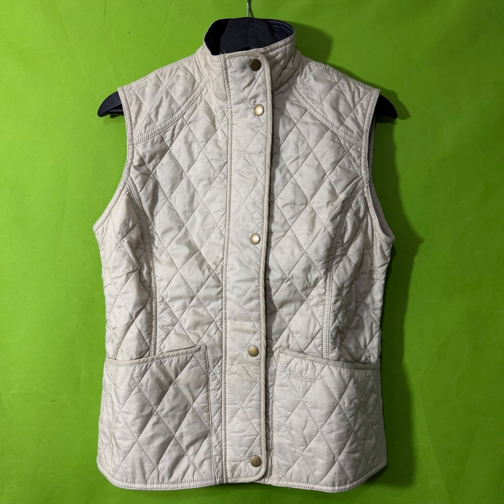 Barbour Wray Quilted Vest Cream Beige Snap Front Gilet Womens US 6 UK 10